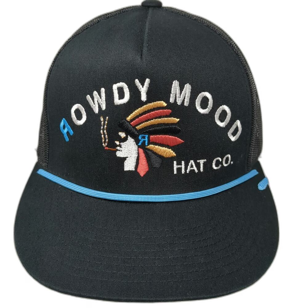 Rowdy Mood Co Black Trucker Hat OSFM Mesh Snapback Native Headdress Rope Logo